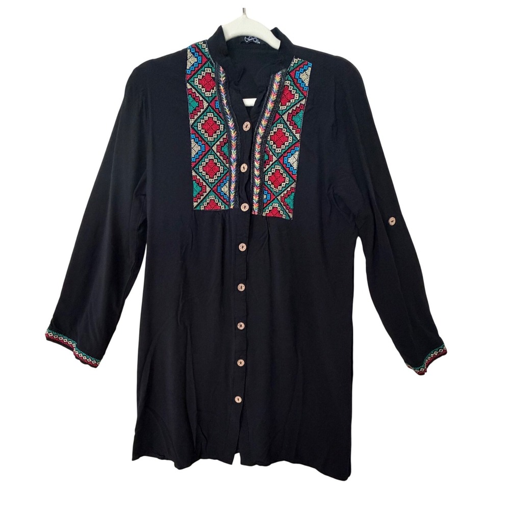 Cool Black Embroidered Boho Tunic Top Long Sleeve Viscose Button Front Women S